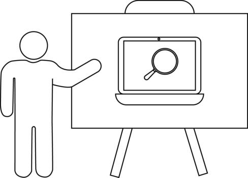 Line art depicts a figure gesturing to a flip chart with a laptop and magnifying glass vector