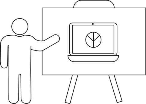 Stick figure presents pie chart on laptop displayed on easel vector