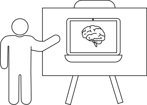 Stick figure presenting a laptop showing a brain displayed on an easel vector