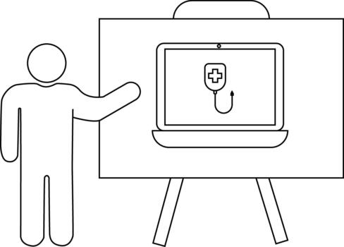 Stick figure points to a presentation board with a laptop displaying a cross on a blood bag with a fishing hook vector
