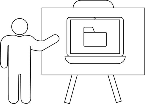 Line drawing of a person presenting a laptop with a folder icon on a stand vector