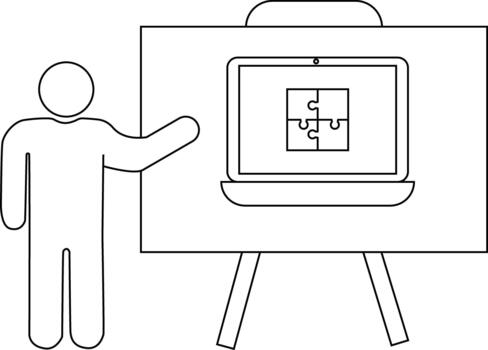 Line art shows a person gesturing towards a laptop displaying a fourpiece puzzle on an easel vector