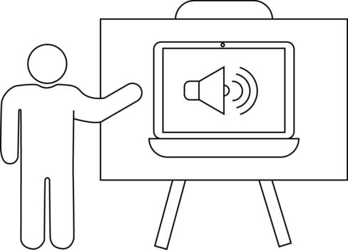 Person points to laptop on easel with a speaker icon on the screen vector