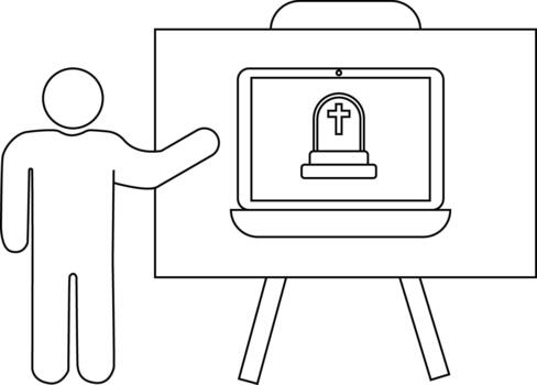 Person pointing to a laptop displaying a gravestone atop a presentation easel vector