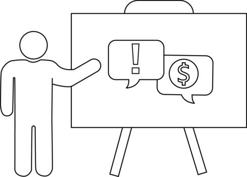 A figure points to a whiteboard with speech bubbles showing an exclamation point and a dollar sign vector