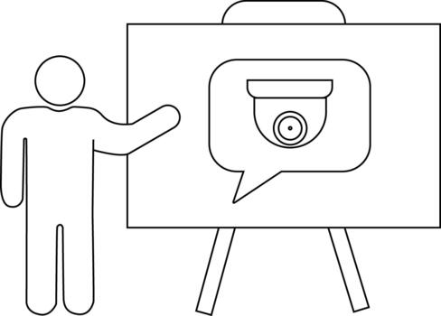 Stick figure pointing to whiteboard with security camera speech bubble vector