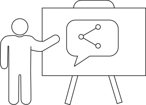 Stick figure points to a whiteboard display with a shareconnection icon vector