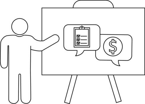 presentador con un Lista de Verificación y dinero en monitor tablero vector