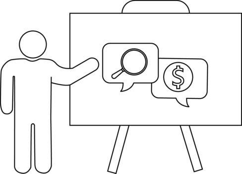 A simple outline of a person presenting a board with a magnifying glass and a dollar sign in speech bubbles vector