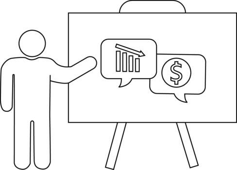 Line art of a person presenting a whiteboard with speech bubbles showing a declining graph and a dollar sign vector