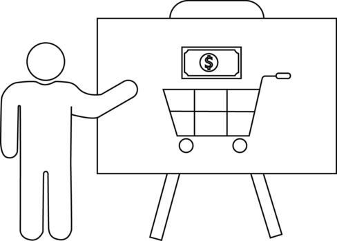 A person points to a whiteboard displaying a shopping cart and a dollar bill on a stand vector