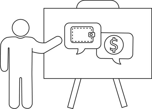 Outline image stick figure presents a whiteboard display of a wallet and moneydollar sign icons vector