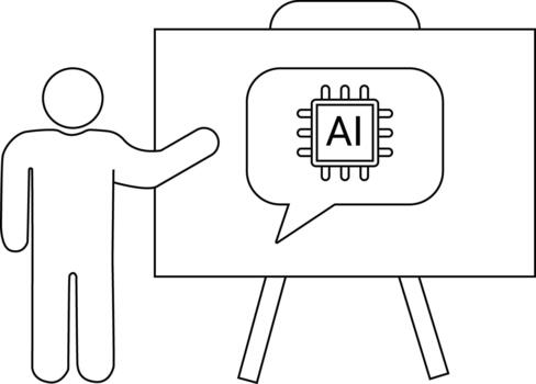 Stick figure pointing at AI chip on whiteboard standing on easel vector