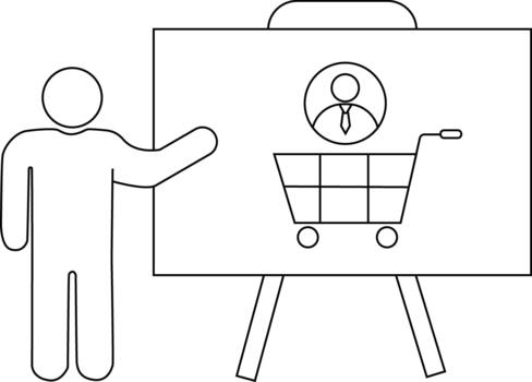 A presentation board displaying a stick figure with a shopping cart and stick figure icon next to a presenter vector