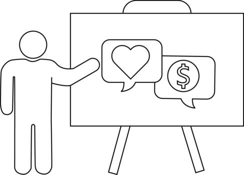 A figure points at a board displaying a heart and dollar sign in speech bubbles vector