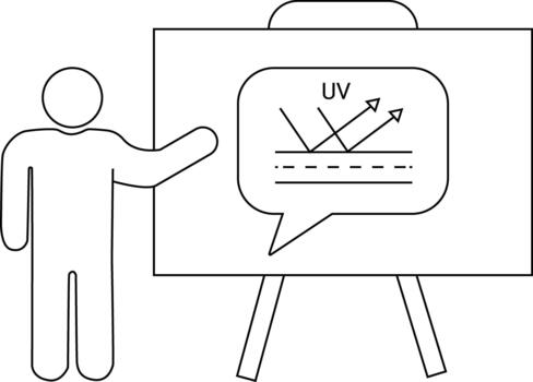 Person pointing at an easel with a UV rays illustration in a speech bubble vector