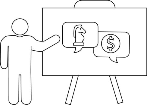 A presentation shows a person gesturing toward a board with a chess knight and dollar sign in speech bubbles vector