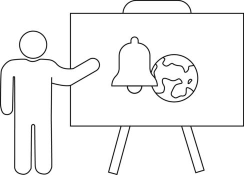 persona presentación un gráfico con un campana y globo icono conjunto en un caballete estar vector