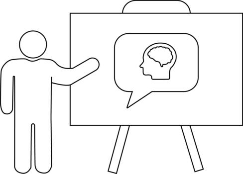 Outline drawing person points to easel with brain in speech bubble vector
