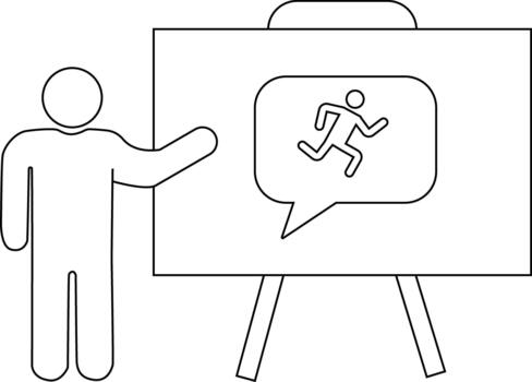 Image shows a stick figure presenting a running person in a speech bubble on a whiteboard vector