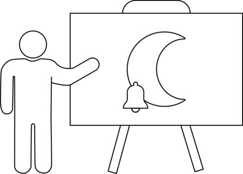 Presentation wperson moon bell Stick figure points to board w crescent moon bell icon on easel vector