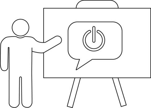 un persona puntos a un tablero mostrando un poder símbolo en un habla burbuja vector