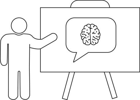 A figure points to a whiteboard displaying a brain within a speech bubble set atop a tripod vector