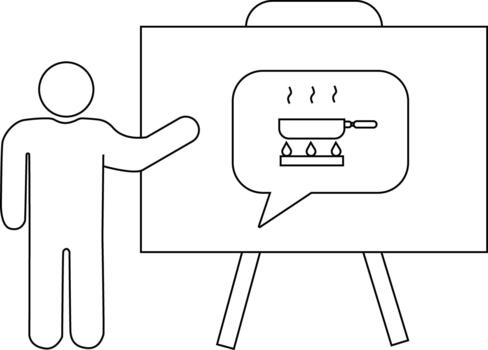 A stick figure presenting a whiteboard display of a pan on a stove with steam supported by an easel vector