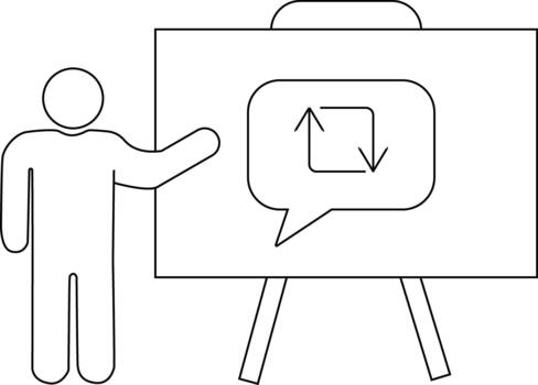 Line drawing Figure points to whiteboard with upward downward arrows in a speech bubble on a stand vector