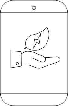 Lineart of phone displaying a leaf held in a palm with a lightning bolt inside the leaf vector