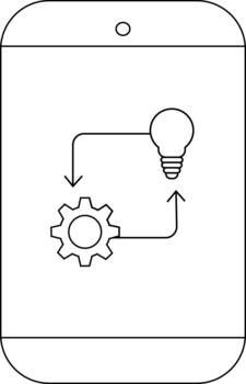 Phone with a lightbulb and a gear connected by arrows indicating information flow vector