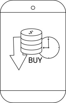 Phone image coins with clock BUY text arrow pointing down vector