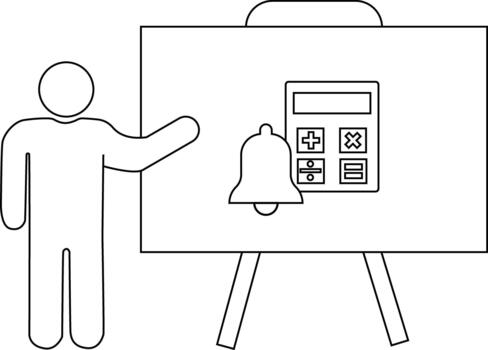 Figure gesturing at a whiteboard displaying a bell and calculator icon vector