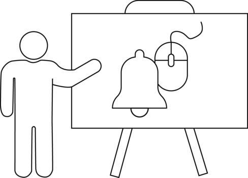 Drawing of person gesturing to a whiteboard with a bell and computer mouse displayed vector