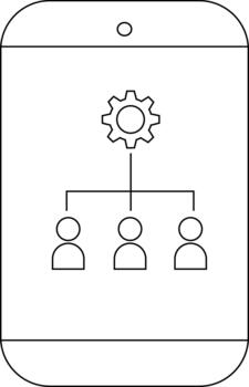 Phone screen with settings icon connected to three user icons by lines vector