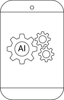 A smartphone displays three connected gears with AI inscribed within the largest gears center vector