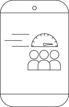 A smartphone displays a performance dashboard with a speedometer and user icons vector