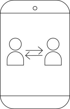 A cellphone with two simplistic person icons and a doubleheaded arrow between them vector