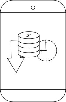 A phone screen displays a money stack a clock and a downwardpointing arrow vector