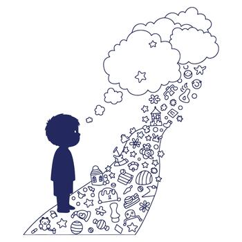 Boy Standing on a Path of Dreams and Imagination Leading to Clouds Full of Toys and Wonders vector