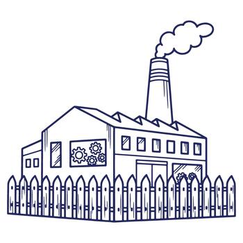 Factory outline illustration with smoke stack and gears behind windows suggesting production and manufacturing in a graphic depiction vector