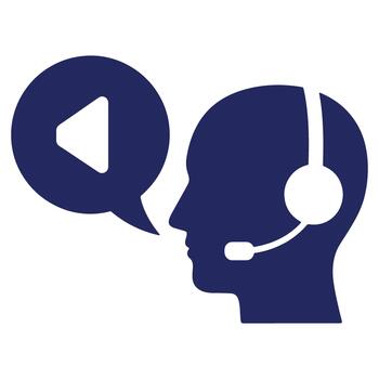 Customer service representative with headset illustration and play button in a speech bubble representing multimedia options for technical support vector