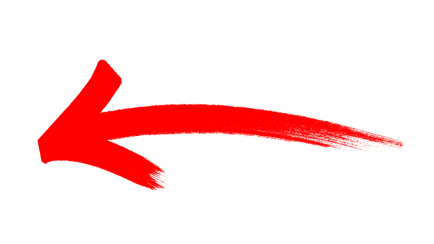 A bold, textured red arrow, drawn by hand and sweeping left. Perfect for calls to action, marking errors, or indicating direction. png