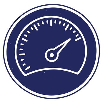 Stylized speedometer icon representing performance measurement and speed indication with a needle pointing forward on a blue gauge vector