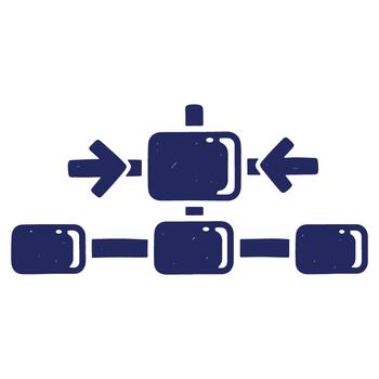 Hand drawn flowchart diagram illustration showing a process with three steps connected through rectangular shapes and arrows with a dark blue color vector