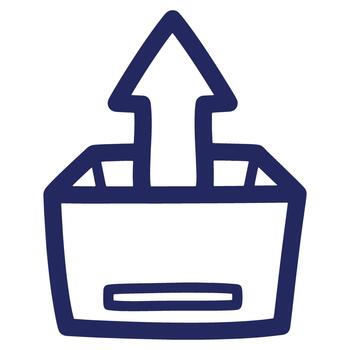 Simple design of an arrow pointing upwards from a box indicating upload function or direction with blue outline vector