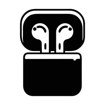 AirPod icon illustration in minimal black and white design, wireless earphones symbol, modern digital music technology, audio device graphic for web, mobile, and app interface design vector