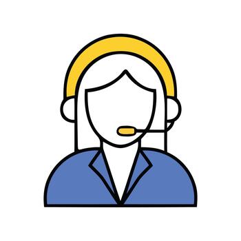 Customer support icon illustration, female call center operator with headset, online service representative flat design, helpline and technical assistance concept, minimal colorful style vector
