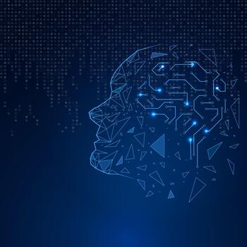 Abstract digital illustration of a human head made of geometric fragments and circuits, symbolizing artificial intelligence, neural networks, and modern technology vector