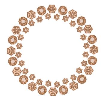 Circular arrangement of alternating snowflake and star shapes with intricate details. Symmetrical geometric design ideal for winter themes, decorative backgrounds, or festive illustrations vector